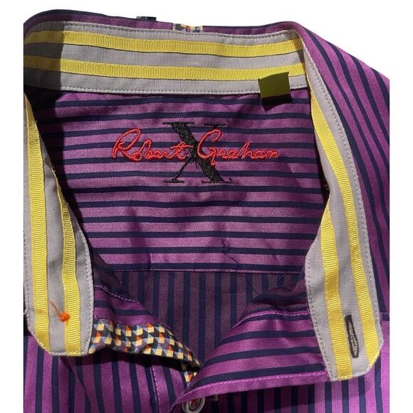 Men’s Robert Graham Purple Navy Striped Contrasting Cuff Long Sleeve Shirt Size - Picture 11 of 12